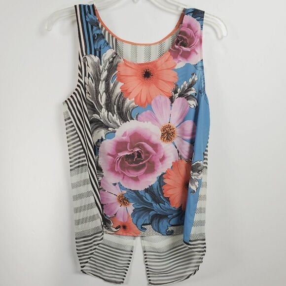 Unbranded Tops - Sleeveless High-Low Flowy Top With Bold Florals and B&W Stripes Sz M